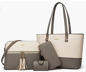 Beige-Grey Women Fashion Handbags Wallet Tote Bag Shoulder Bag Top Handle Satchel Purse Set 4pcs