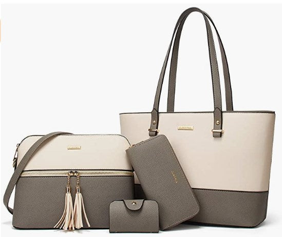 Beige-Grey Women Fashion Handbags Wallet Tote Bag Shoulder Bag Top Handle Satchel Purse Set 4pcs