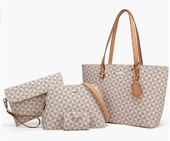 Beige Lattice Women Fashion Synthetic Leather Handbags Tote Bag Shoulder Bag Top Handle Satchel Purse Set 4pcs