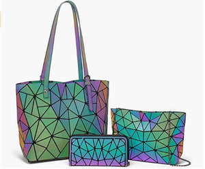 Luminous Geometric Women Fashion Handbags Wallet Tote Bag Shoulder Bag Top Handle Satchel Purse Set 4pcs