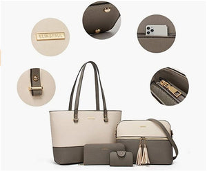 Beige-Grey Women Fashion Handbags Wallet Tote Bag Shoulder Bag Top Handle Satchel Purse Set 4pcs