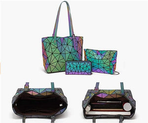 Luminous Geometric Women Fashion Handbags Wallet Tote Bag Shoulder Bag Top Handle Satchel Purse Set 4pcs