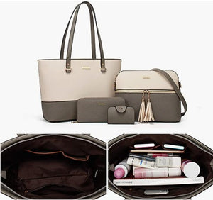 Beige-Grey Women Fashion Handbags Wallet Tote Bag Shoulder Bag Top Handle Satchel Purse Set 4pcs